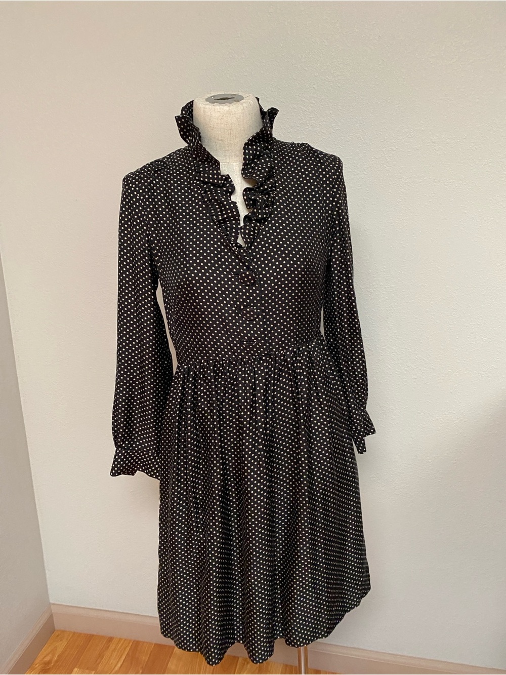 J. Crew Black and White Polka Dot Ruffle Collar Long Sleeve Dress